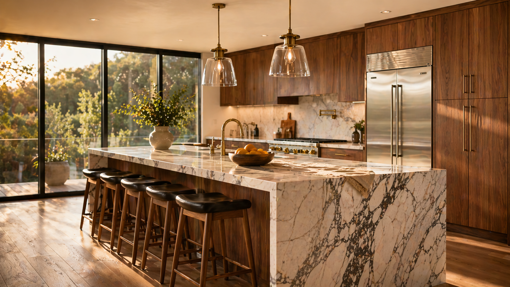 Warm modern kitchen with a marble waterfall island and stools